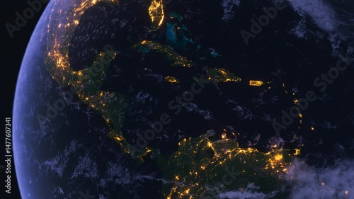 Planet Earth at Night. Central America and Caribbean. Space Orbit. Globe
