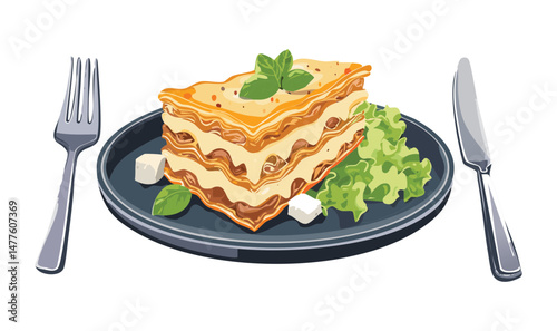 Layered Beef Lasagna with Fresh Salad Garnish - Vector Illustration