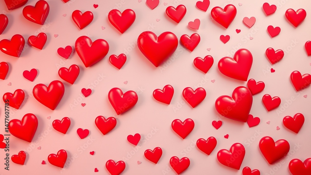 A delightful collection of glossy red hearts scattered on a soft pink background perfect for Valentine's Day cards and romantic designs. A delightful collection of glossy red hearts scattered on a soft pink background perfect for Valentine's Day cards and romantic designs.