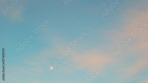 Wallpaper Mural Sunset Blue Sky Moon Orange Peach Light Feathery Clouds Time Lapse, Beautiful Background, Colorful Sky Lunar Timelapse, Skyscrapers, Colorful Sky Cirrus Clouds, Heaven Colored Pink Clouds, Astronomy. Torontodigital.ca