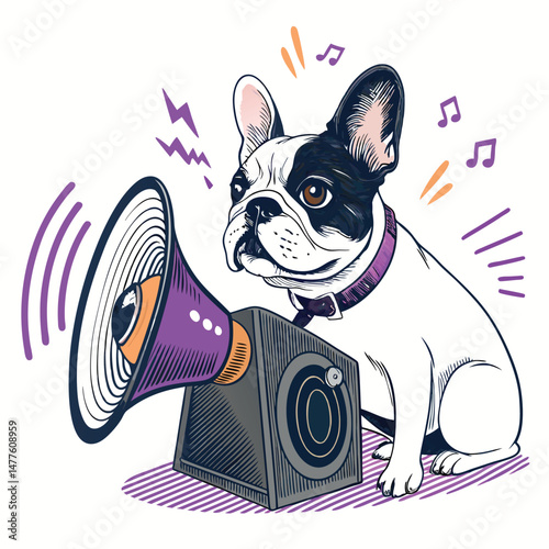 A French Bulldog playfully bursts from a vintage-style record speaker, its ears flopping, surrounded by swirling sound waves.  The scene is vibrant and whimsical.