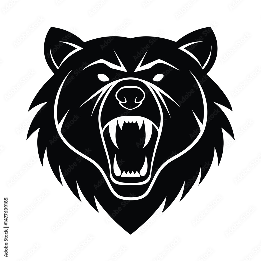 Fototapeta premium Fierce black bear head silhouette with open mouth showing teeth perfect for team or logo designs