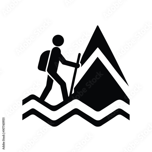 Black and white silhouette of a hiker trekking near mountains representing outdoor adventure and travel