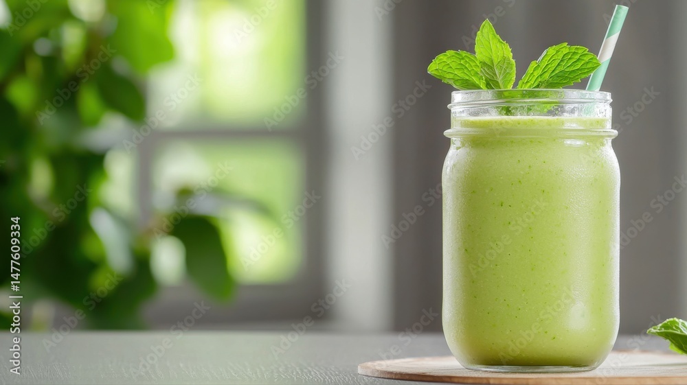 Fresh Green Smoothie in Mason Jar with Mint and Straw smoothie straw mint green smoothie fresh drink