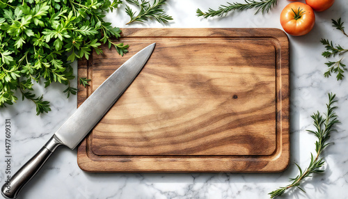A culinary still life arrangement featuring a sharp knife on a rustic cutting board surrounded by fresh ingredients such as herbs and ripe tomatoes.