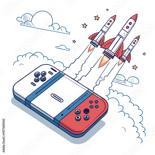 A sleek, white game console, equipped with powerful rocket boosters, soars through the air leaving a fiery trail.  The console is futuristic and highly detailed.