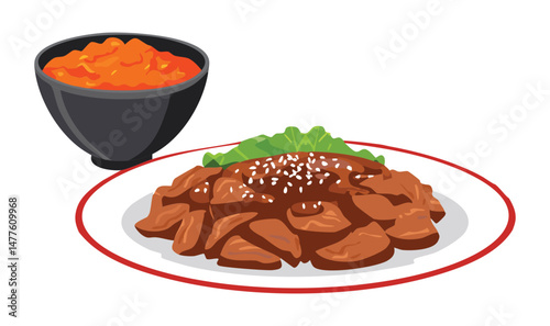 Glazed Beef Cubes in Sweet Soy Sauce with Herbs and Bowl of Sauce Paste - Vector Illustration
