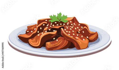 Sweet and Savory Beef with White Sesame Topping - Vector Illustration