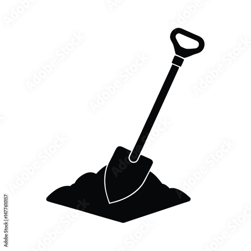 Simple black and white silhouette illustration of a shovel stuck in a pile of dirt