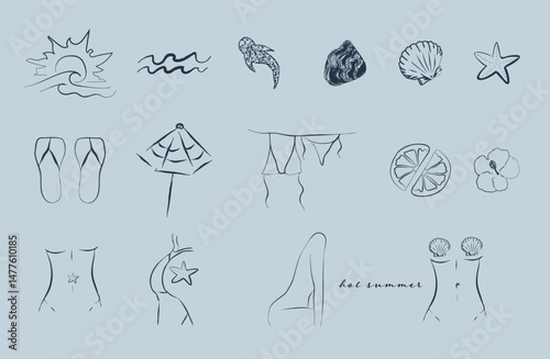 set of hand drawn summer elements vector. Sun, sea, beach, seashell, shell, fish, star, bikini, orange, flower, body, woman doodle line art. Vector for card, banner, social media, design, decor