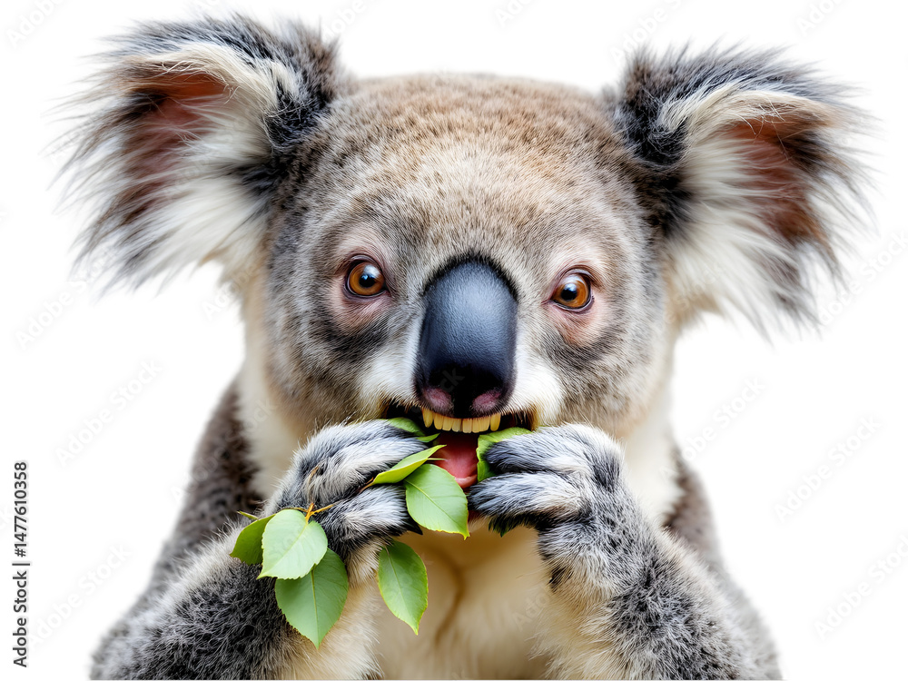 Obraz premium Adorable Koala Eating Eucalyptus Leaves Close Up Wildlife Photography Australian Animal Nature Portrait Cute Furry Mammal Fauna Wild Forest Bush Tree Grey 