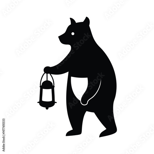 Stylized silhouette of a bear holding a lantern symbolizing adventure and exploration on white background