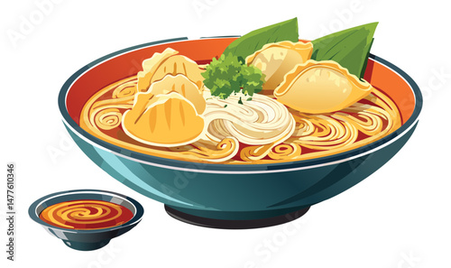 Gourmet Noodles with Plump Dumplings and Sauce - Vector Illustration