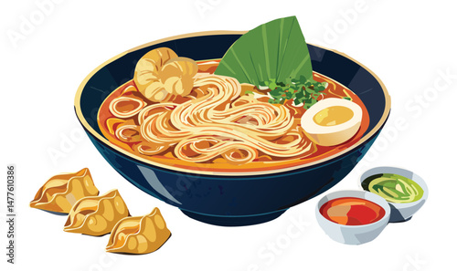 Savory Noodles in Soup with Egg and Dumplings and Herbs - Vector Illustration