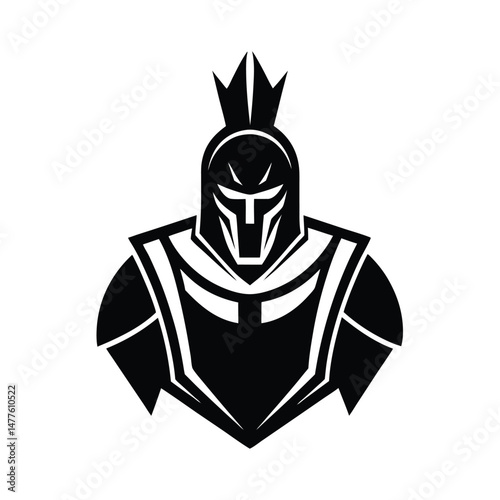 A bold black and white silhouette of a powerful spartan warrior wearing a detailed helmet and armor