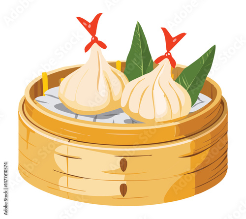 Shrimp Dim Sum on Steamy Bamboo Basket - Vector Illustration