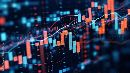 digital waveforms flowing through forex icons and fluctuating price levels.
