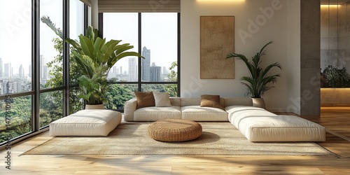 Spacious, modern living area with city views.