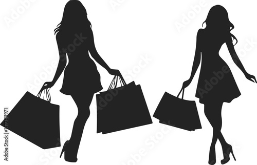 Silhouette of fashionable women shopping with bags, stylish female shoppers walking in heels black vector illustration
