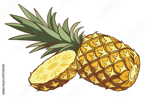 168 pineapple, tropical fruit, fresh, juicy, vibrant colors, golden, textured, halved, still life, on white background, high resolution, photorealistic