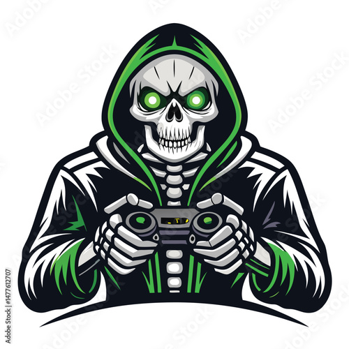A spooky yet playful skeleton gamer, glowing eyes, clutching a modern gamepad, ready to level up.  High detail, 8k resolution, digital art.
