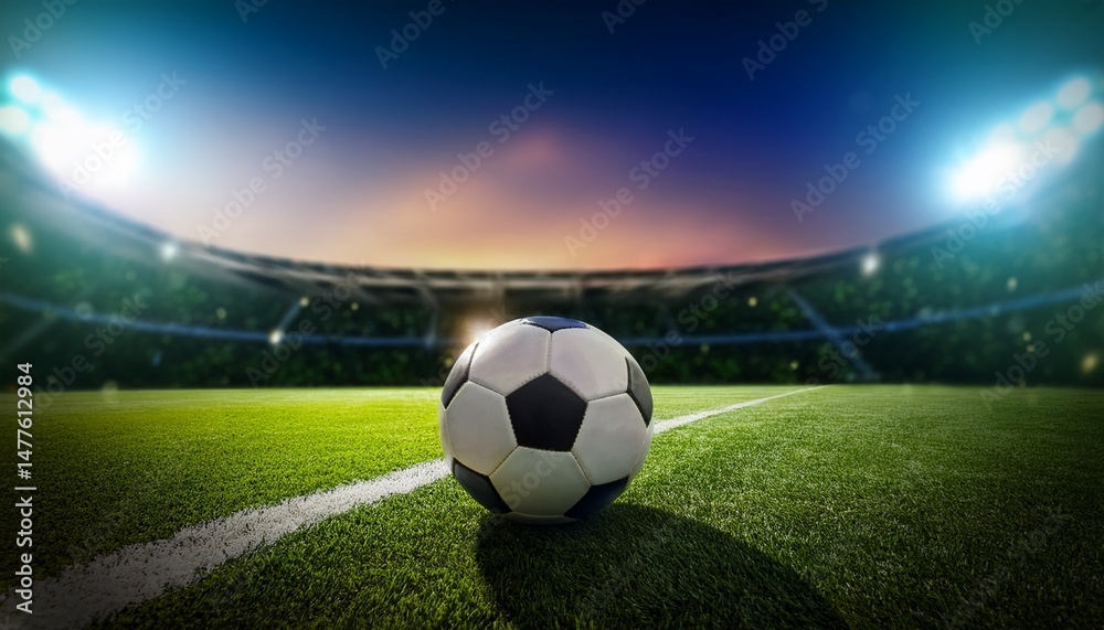 Fototapeta premium a soccer ball sits on a green field with a blurred background of a stadium at night and bright lights