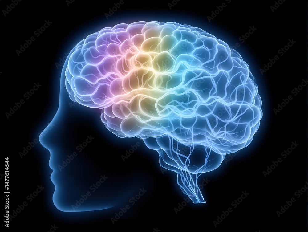 Obraz premium A glowing human brain silhouette with colorful neural pathways illustrating intense creativity cognitive function and innovative thinking set against a solid black background