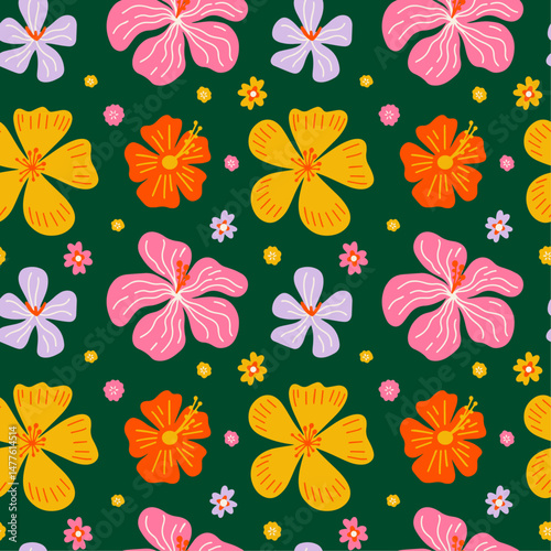 Tropical summer flower seamless pattern design with different types of exotic spring blooming floral vector cartoon groovy funky boho hippie illustration for package wrapping paper decor	