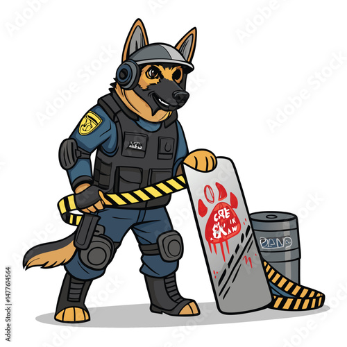 A German Shepherd dog, clad in miniature riot gear, stands alert behind caution tape.  The scene is slightly surreal and humorous.