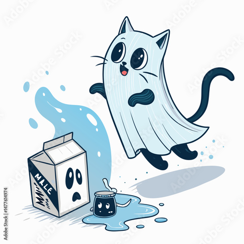 A translucent, ghostly cat apparition hovering near a spilled carton of milk, creating a spooky, surreal scene.