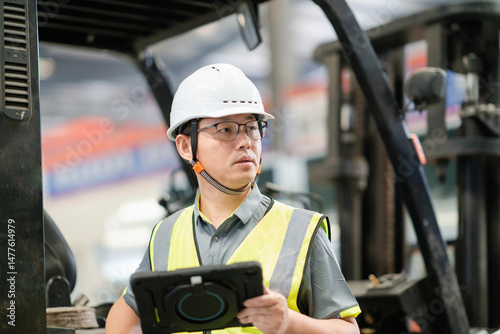 An Asian male worker is driving a forklift photo
