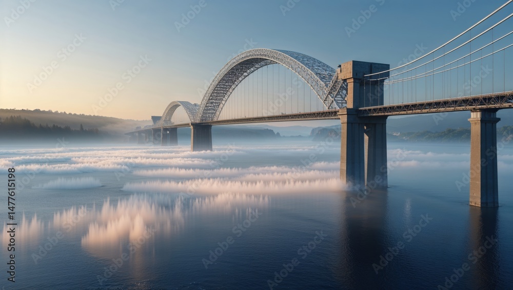 Naklejka premium A majestic bridge stretches across a tranquil body of water shrouded in mist, creating a serene and ethereal atmosphere.