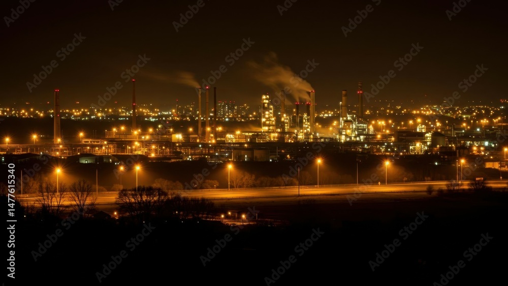 Fototapeta premium Oil refinery at night, polluting the environment