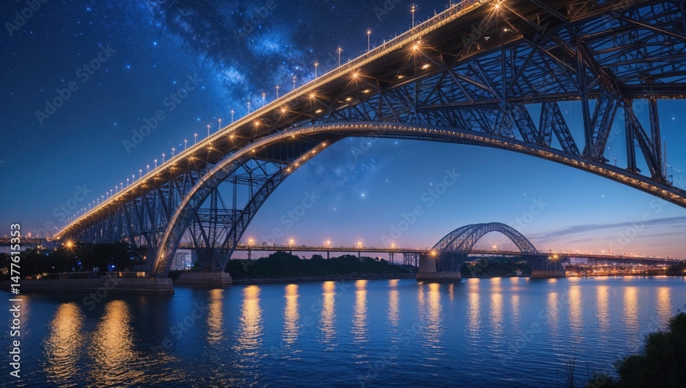 Fototapeta premium A majestic arched bridge at night, illuminated under a starlit sky. The tranquil waters reflect the city lights, creating a serene and captivating scene.