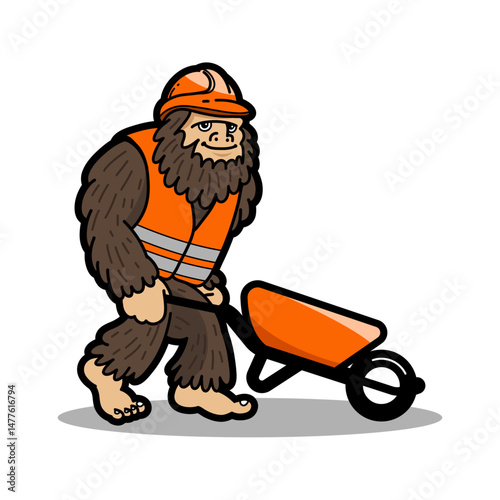 Construction Bigfoot Wearing Hard Hat and Pushing a Cart