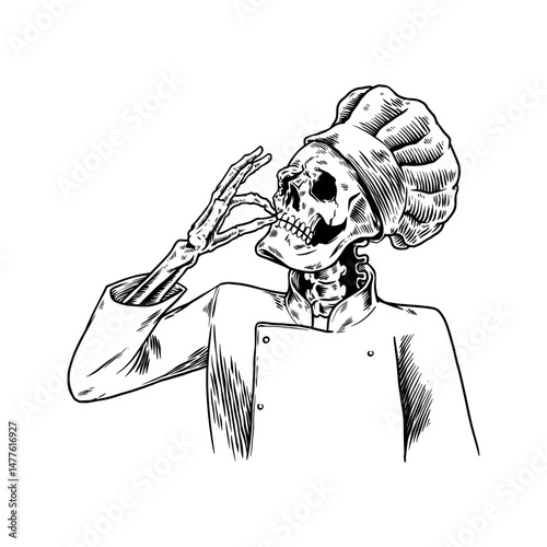 Hand-Drawn Skull Chef Making Delicious Hand Gesture – Culinary Illustration