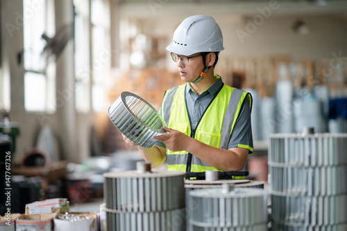 asian male engineer woking on digital tablet in factory with  Industrial fan impeller photo