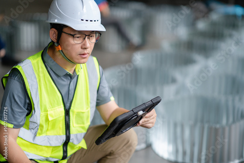 asian male engineer woking on digital tablet in factory with  Industrial fan impeller photo