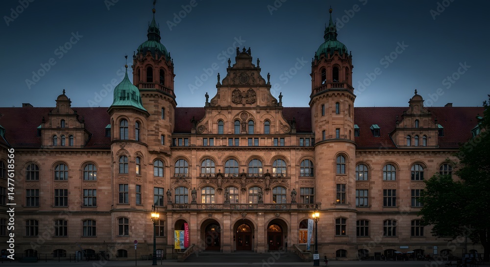 Obraz premium Historic Building Facade at Dusk with Ornate Architectural Details