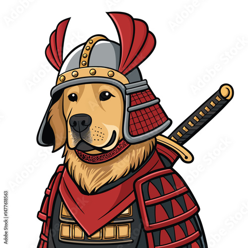 A majestic golden retriever, proudly wearing miniature samurai armor, stands on a vibrant, graffiti-covered street.