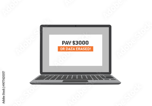 Laptop displays a ransom demand. Bold text urges payment or data deletion. Stark, digital illustration. High contrast, modern design. Evokes digital security concerns.