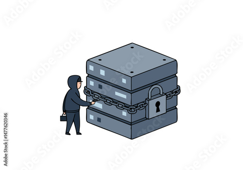 A shadowy hacker figure attempts to breach a locked data server, symbolizing cybersecurity threats. A modern, graphic illustration with a dark, secure aesthetic.