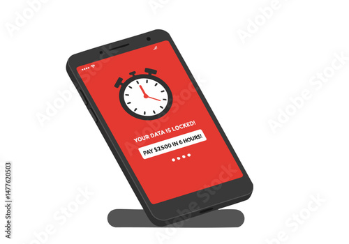 Smartphone displays a ransom screen with a ticking clock and payment demand. Bold red and black design creates a sense of urgency and digital threat. Modern, graphic style.