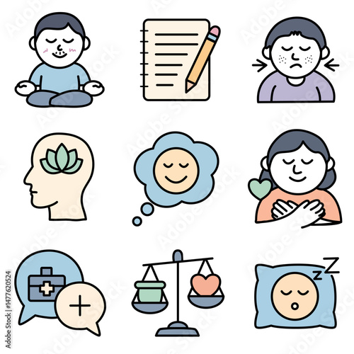 Mental Health & Self-Care Vector Icons Flat Style, Pastel Colors 9 Icons Set