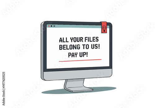A stylized computer screen displays a ransom demand. Bold text and a locked screen create a dramatic, unsettling visual. Modern illustration style.