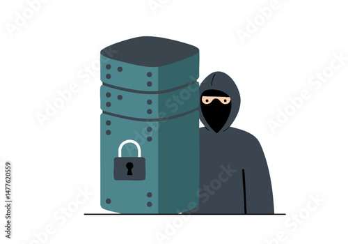 A stylized illustration depicts a hooded hacker attempting to breach a server. The composition highlights cybersecurity threats and data protection. Modern, graphic style.