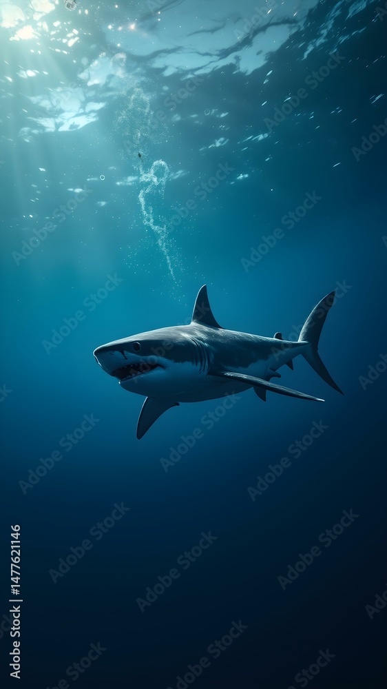 Obraz premium Majestic Ocean Predator: A great white shark glides gracefully through the deep blue ocean waters, its powerful form a symbol of nature's raw beauty and the mystery of the underwater world.
