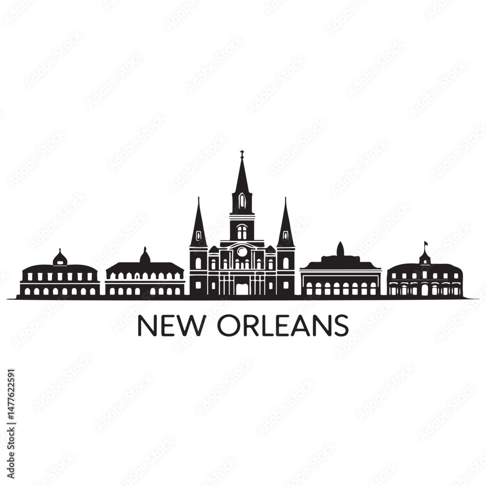 Fototapeta premium Vector New Orleans skyline. Travel New Orleans famous landmarks. Business and tourism concept for presentation, banner, web site. Vector black silhouette. with white background