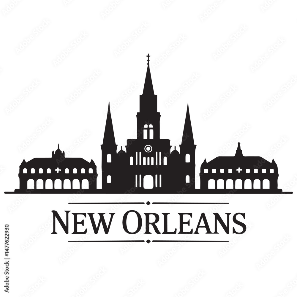 Fototapeta premium Vector New Orleans skyline. Travel New Orleans famous landmarks. Business and tourism concept for presentation, banner, web site. Vector black silhouette. with white background