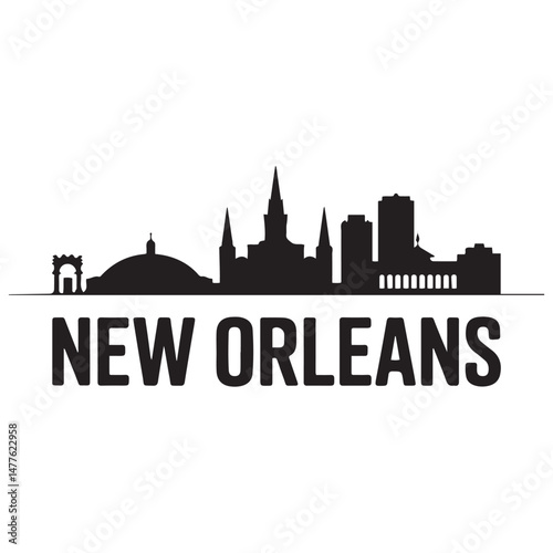 Vector New Orleans skyline. Travel New Orleans famous landmarks. Business and tourism concept for presentation, banner, web site.  Vector black silhouette. with white background